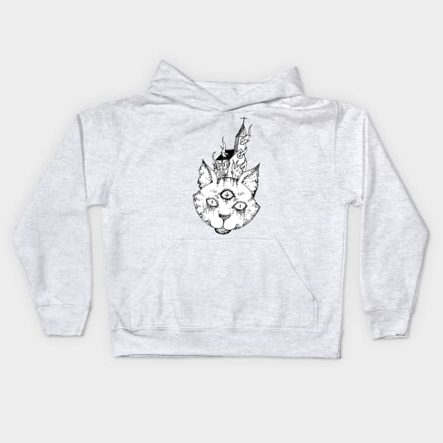 Burning Church Cat Kids Hoodie by Art of V. Cook